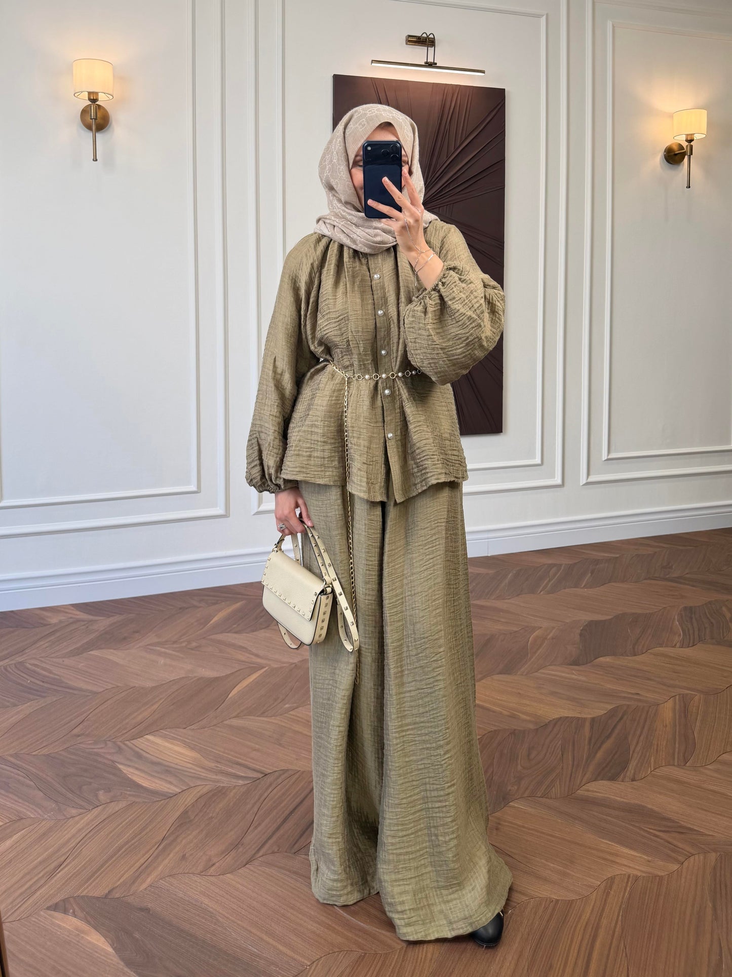 Sage Textured Co-ord Set – Balloon Sleeve Shirt & Wide-Leg Trousers