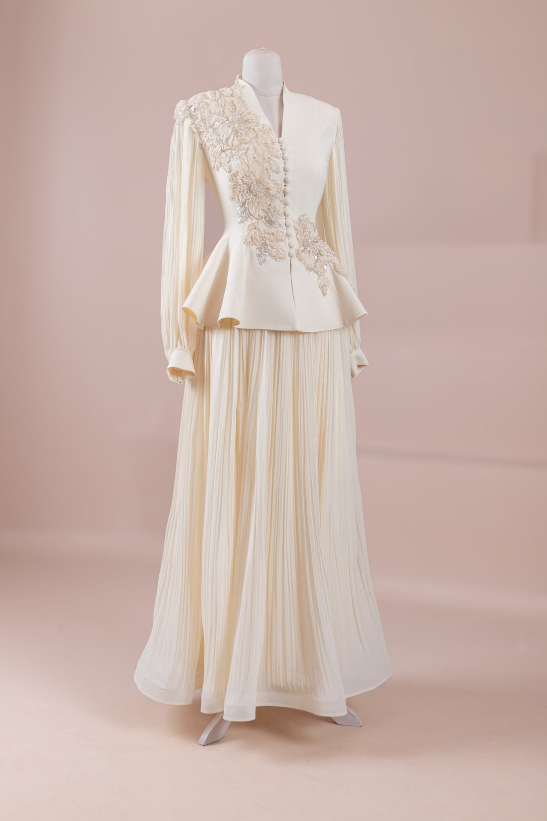 Limited Collection Peplum Jacket & Pleated Maxi Skirt Set – 3D Floral Embroidered Evening Ensemble