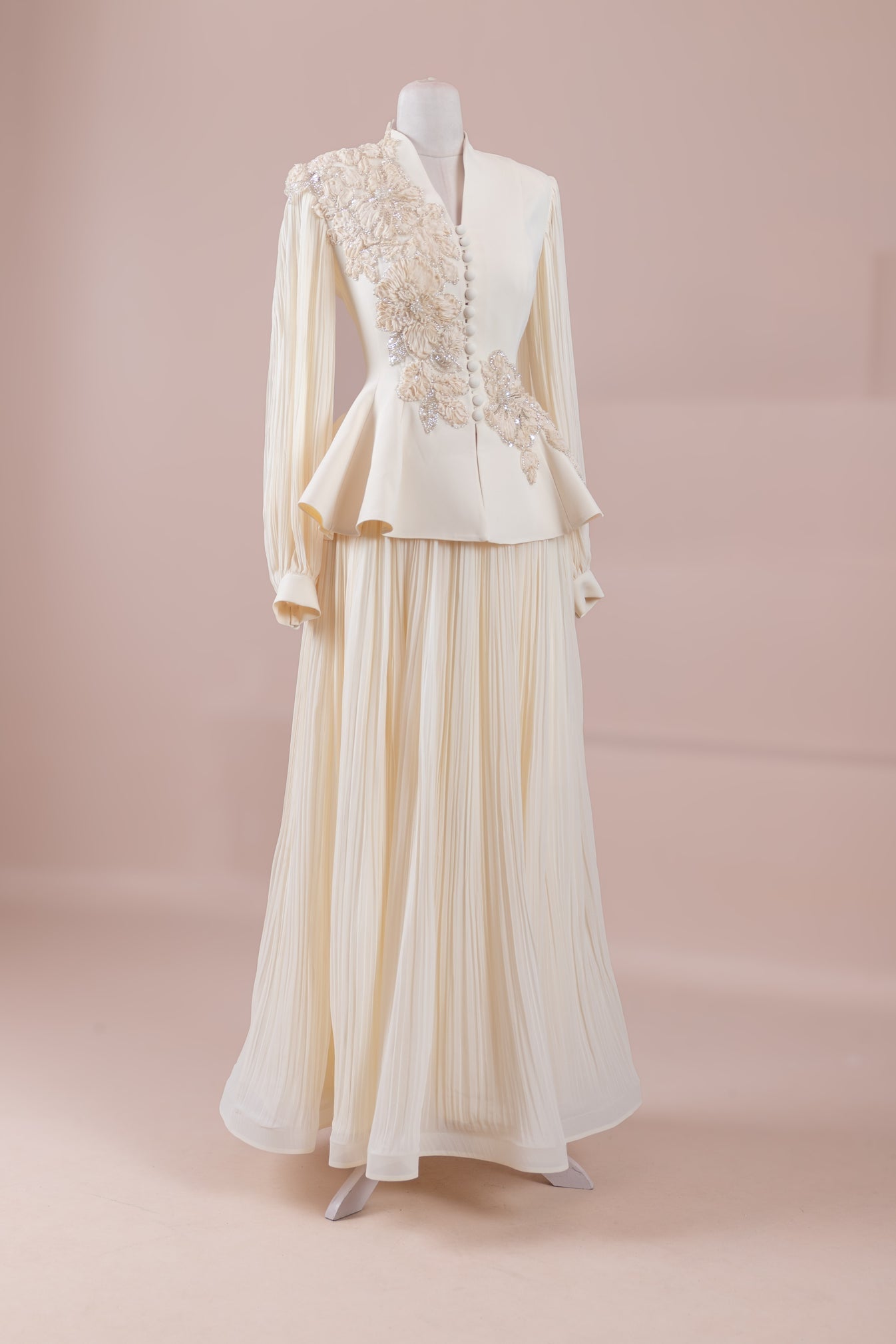 Limited Collection Peplum Jacket & Pleated Maxi Skirt Set – 3D Floral Embroidered Evening Ensemble