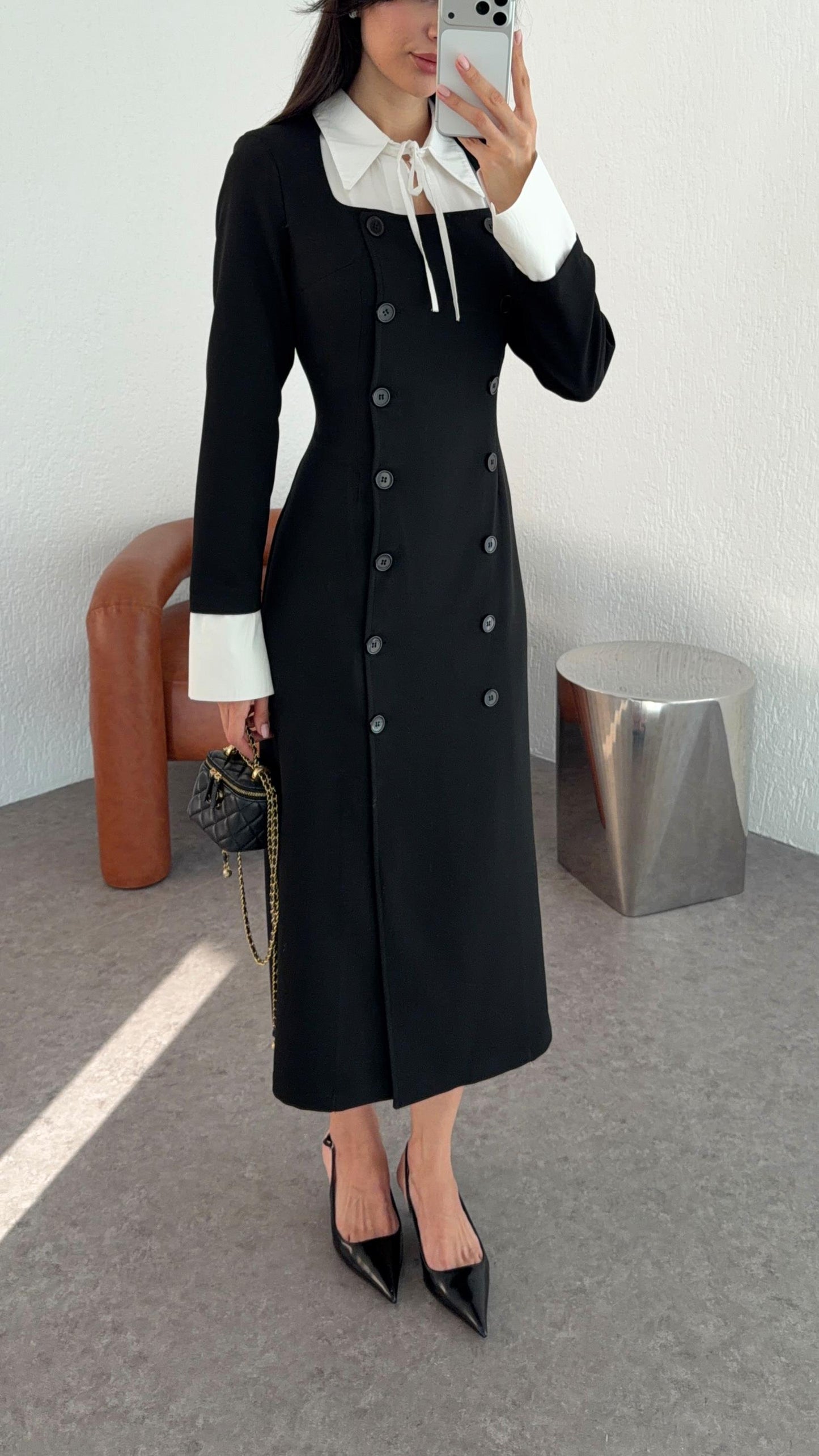 Black Panel Detail Midi Dress