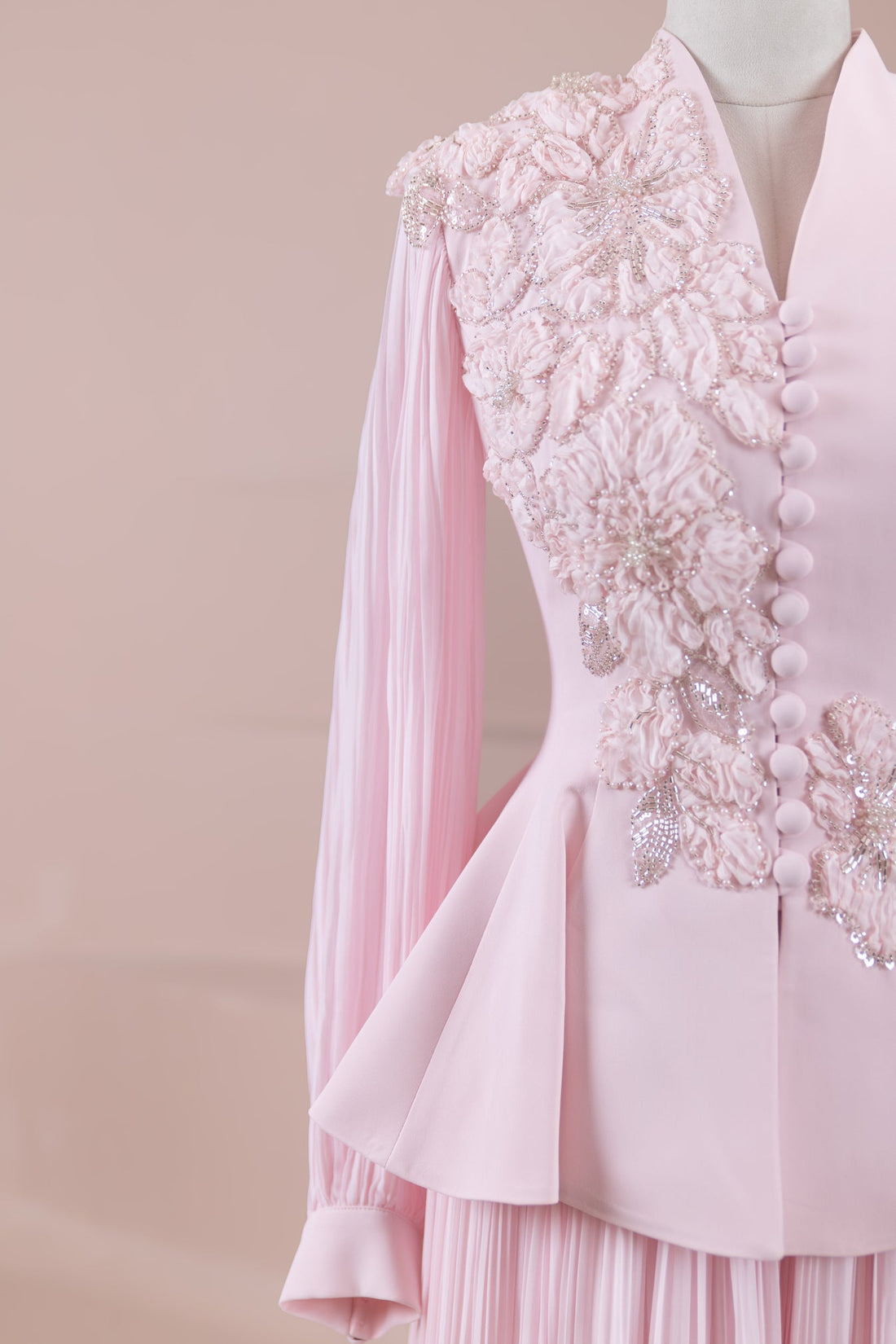 Limited Collection Peplum Jacket & Pleated Maxi Skirt Set – 3D Floral Embroidered Evening Ensemble