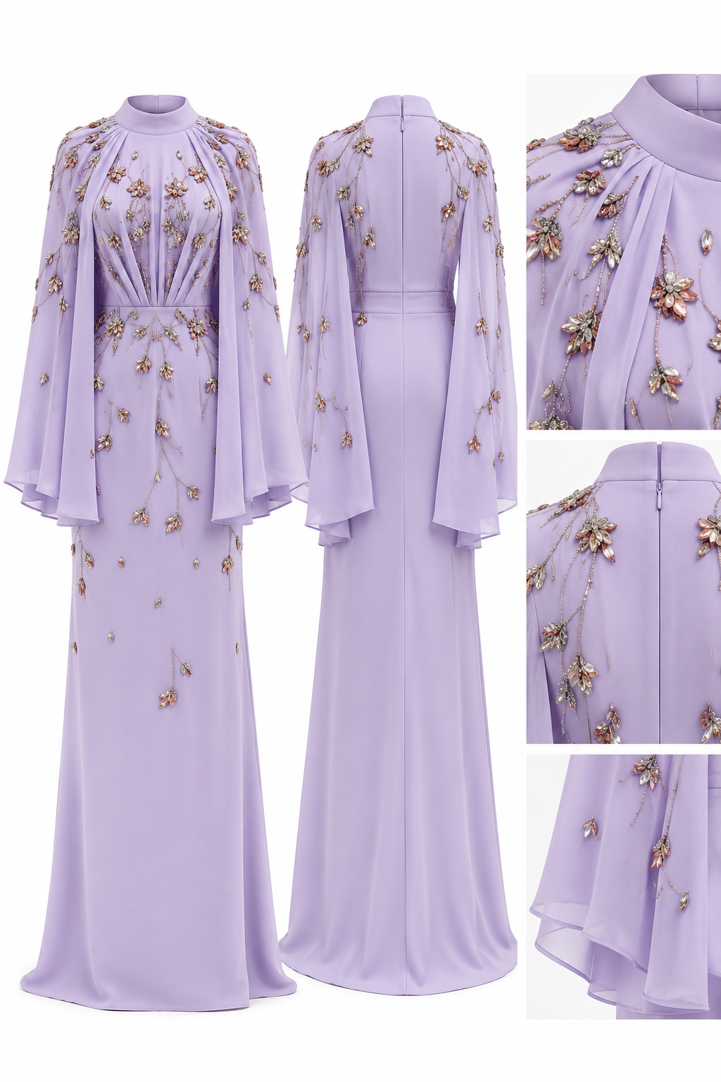 Ruweida Stone-Embellished Modest Satin Cape Pencil Dress - Evening Dress - Lilac