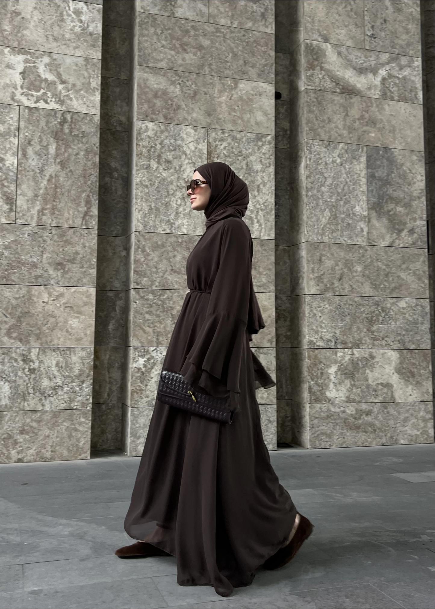 Brown Chiffon Dress with Ruffled Sleeves