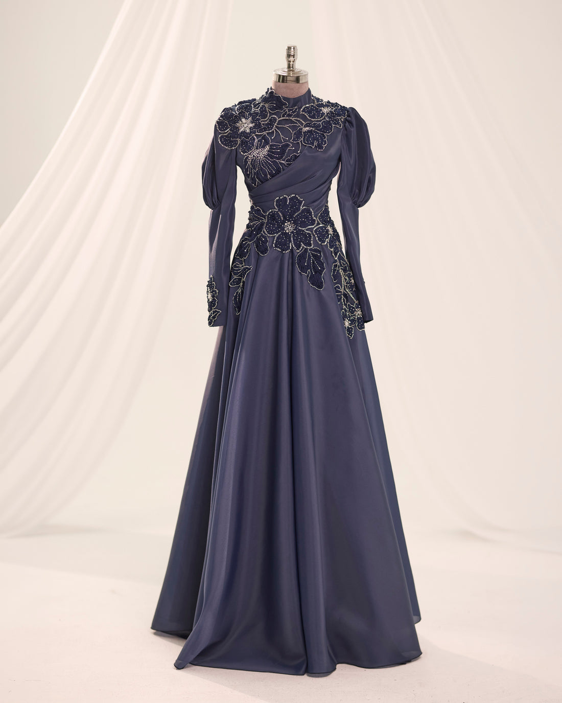 Floral Embellished Modest Evening Dress - Navy Blue
