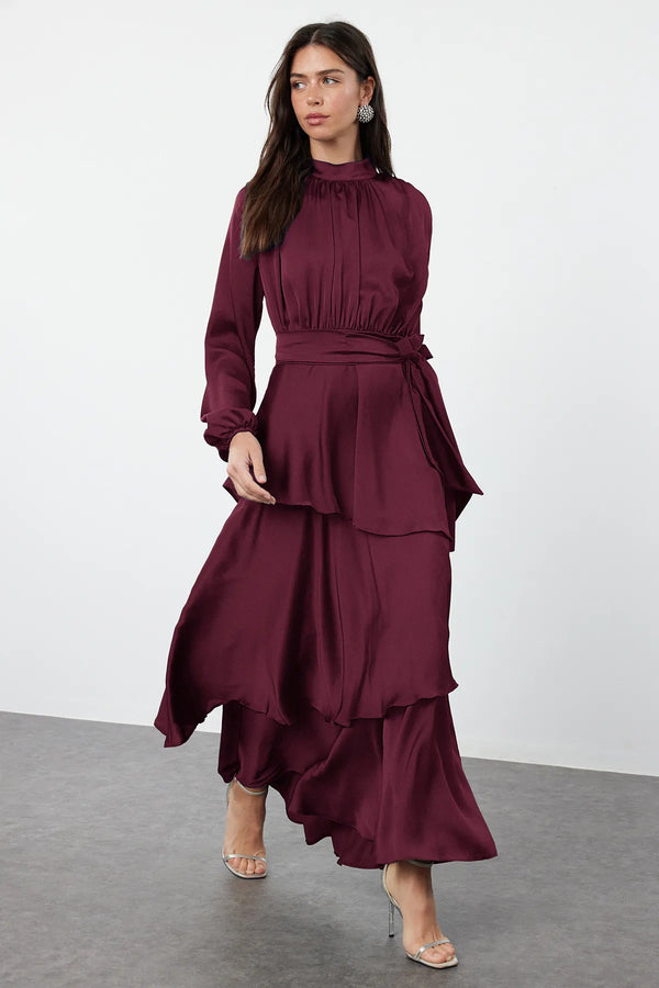 Burgundy Layered Satin Evening Dress - sonafey