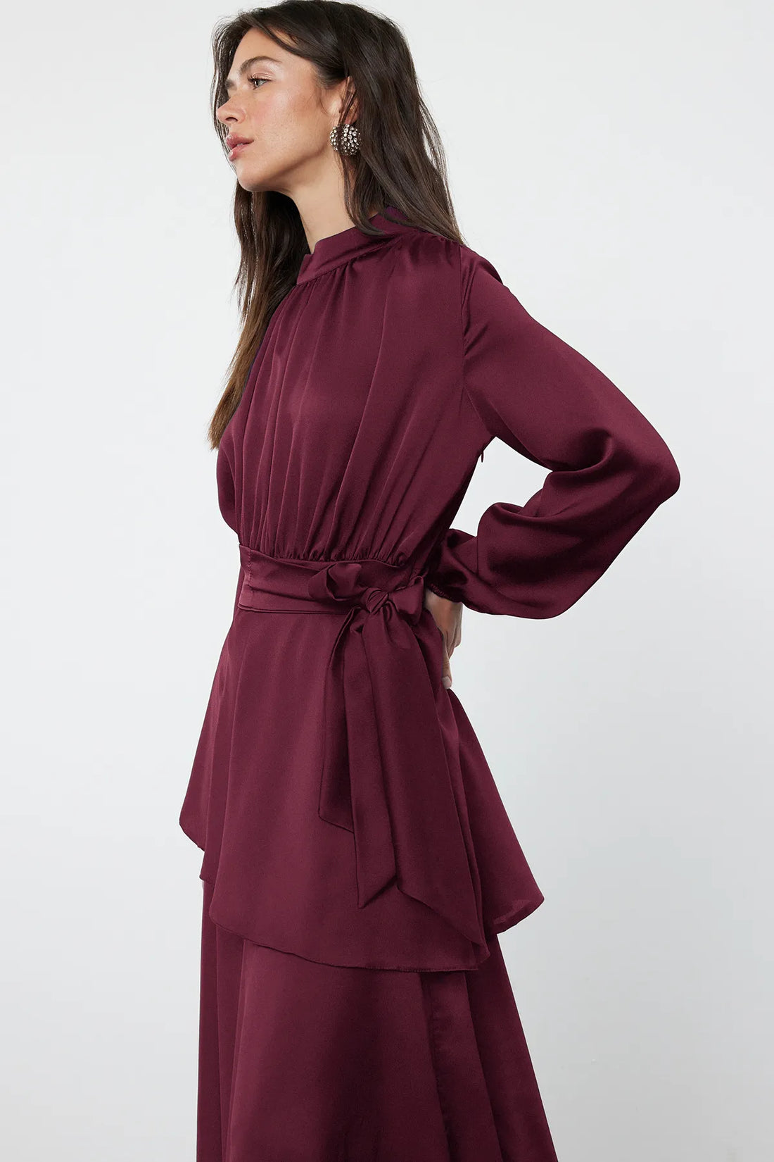 Burgundy Layered Satin Evening Dress - sonafey