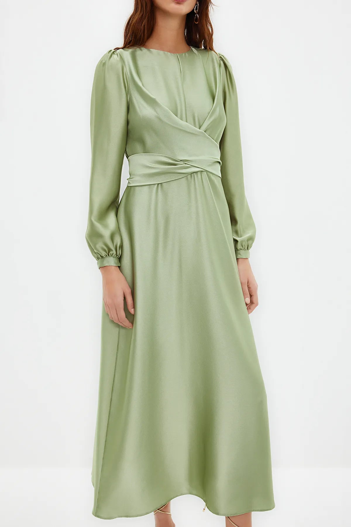Cross Wrap Detail Light Lime Satin Evening Dress