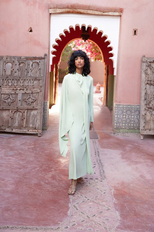 Light Lime Shawl-Detail Evening Dress