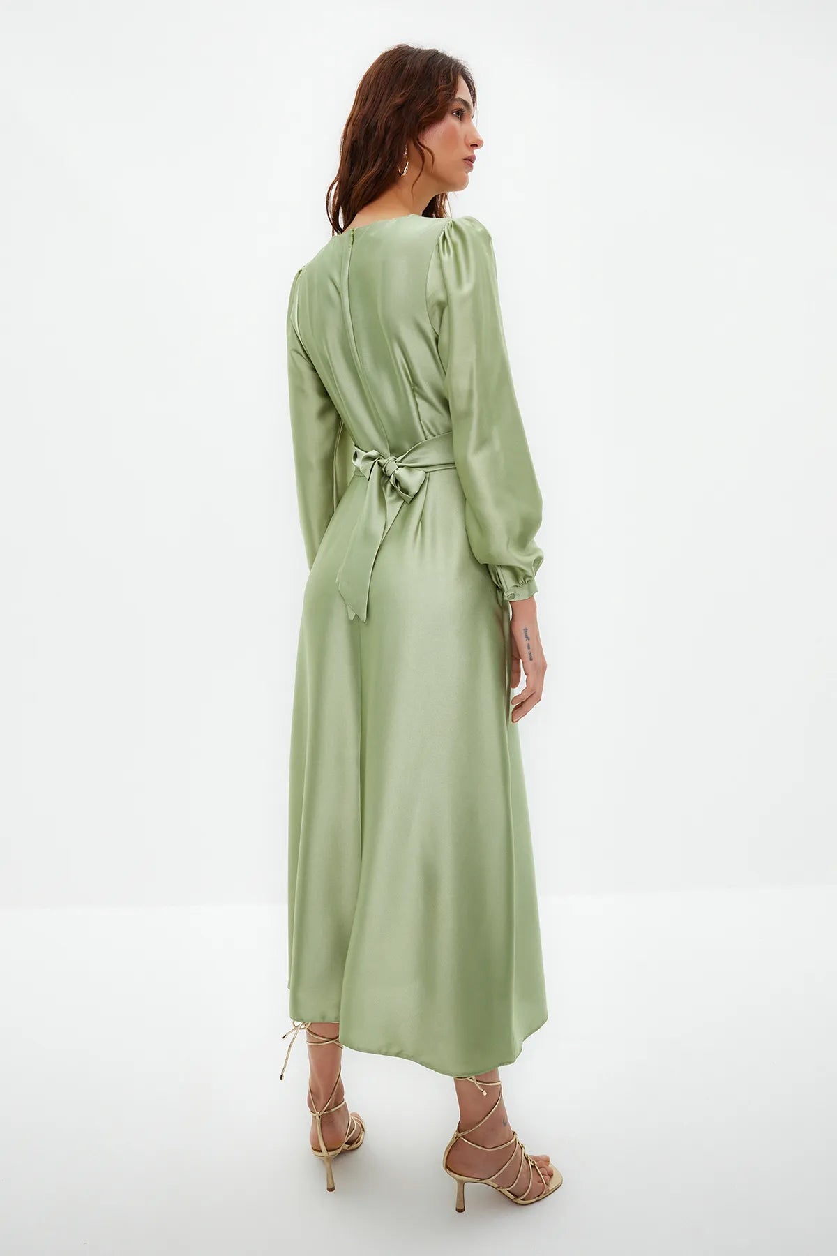 Cross Wrap Detail Light Lime Satin Evening Dress