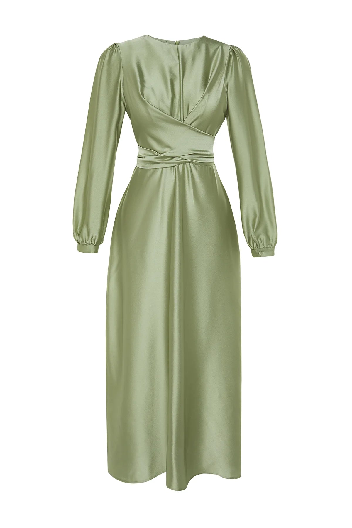 Cross Wrap Detail Light Lime Satin Evening Dress