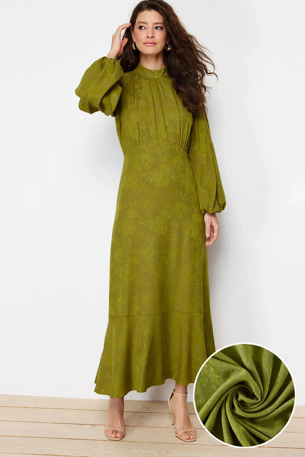 Khaki Jacquard Floral Dress - sonafey