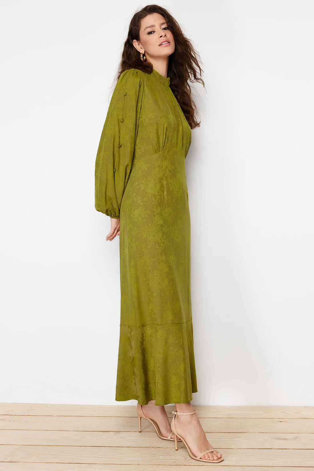 Khaki Jacquard Floral Dress - sonafey