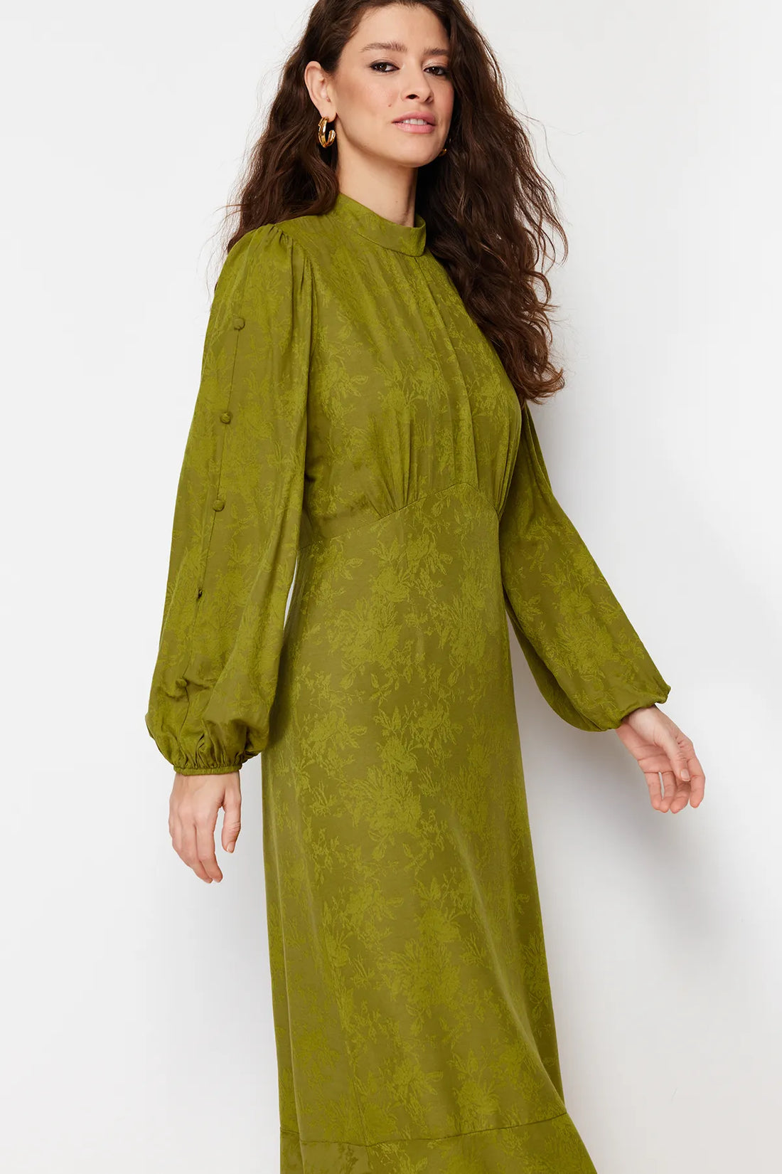 Khaki Jacquard Floral Dress - sonafey