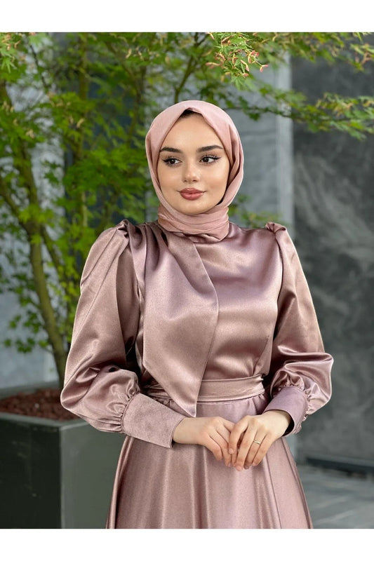 Taupe Satin Modest Evening Dress with Cross-Tie Detail
