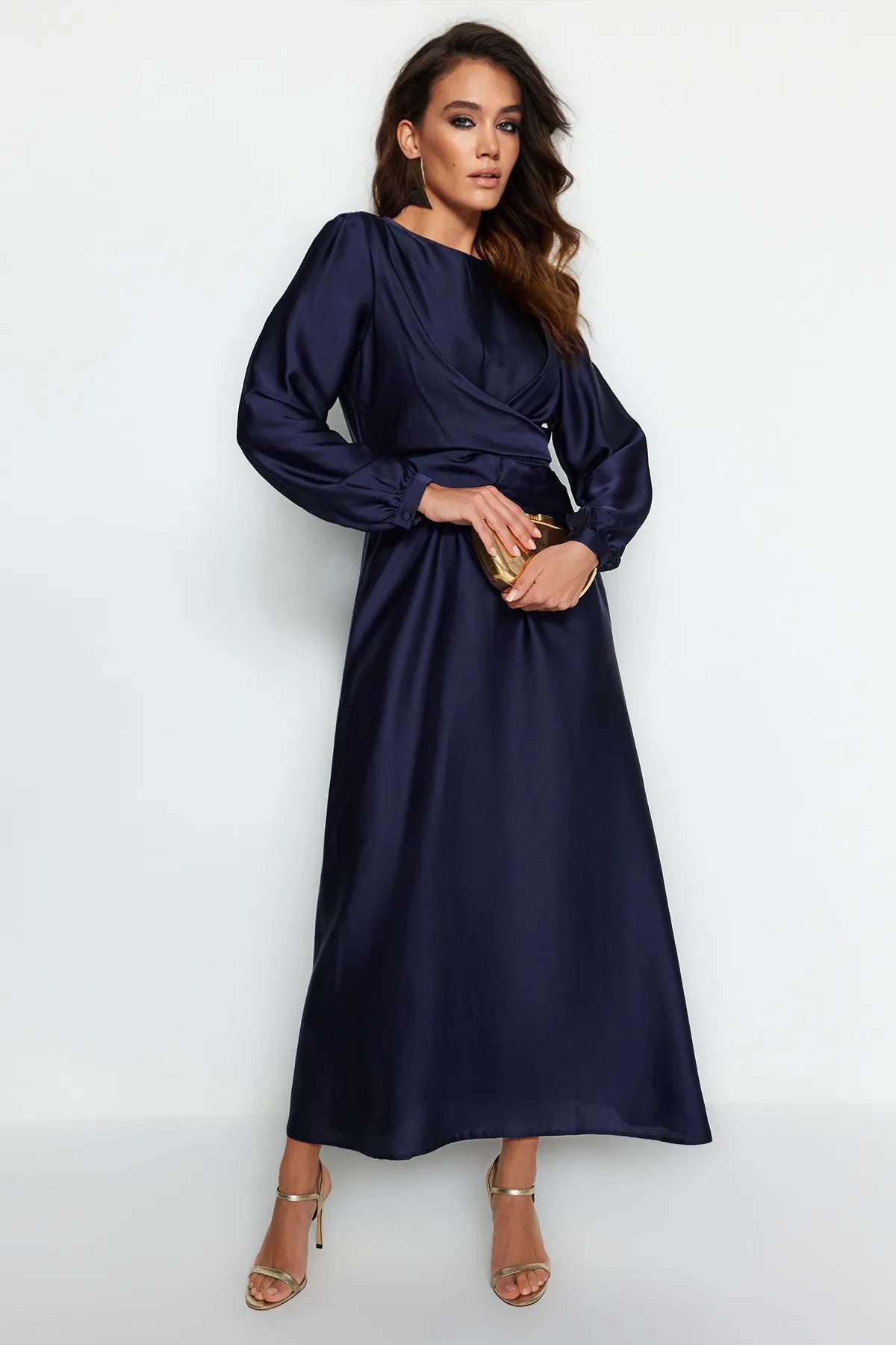 Cross Wrap Detail Navy Satin Evening Dress