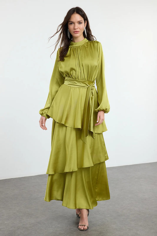 Pistachio Layered Satin Evening Dress