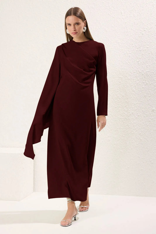 Burgundy Shawl-Detail Evening Dress