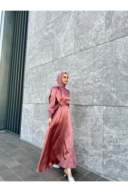 Pink Satin Modest Evening Dress with Cross-Tie Detai