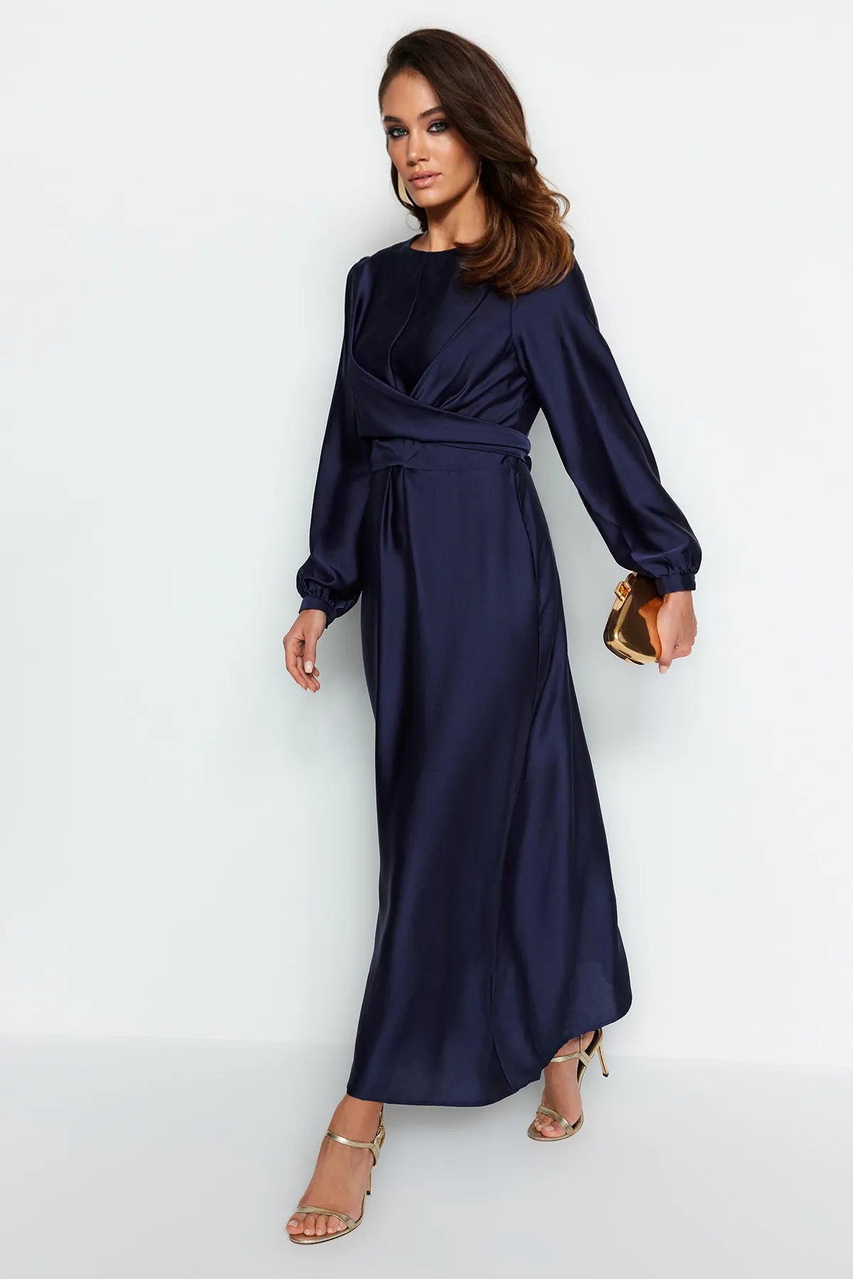 Cross Wrap Detail Navy Satin Evening Dress