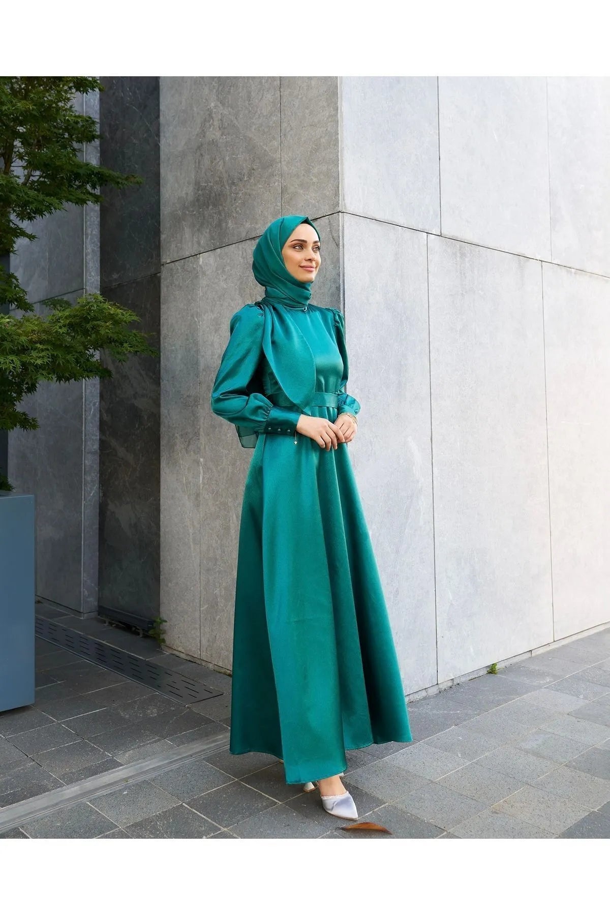 Ocean Green Satin Modest Evening Dress with Cross-Tie Detail