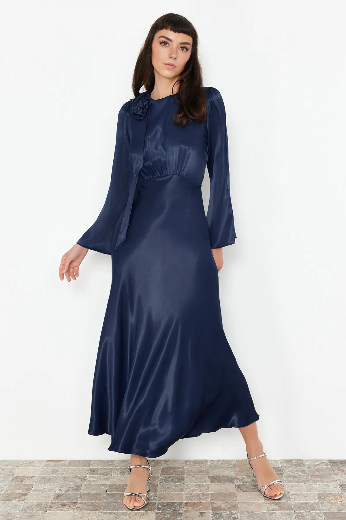Dark Royal Blue Rose-Detail Satin Evening Dress