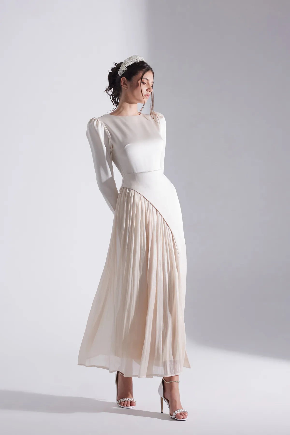 Ecru Asymmetric Detailed Chiffon Skirt Wedding Dress 34 Ecru Asymmetric Detailed Chiffon Skirt Wedding Dress 34