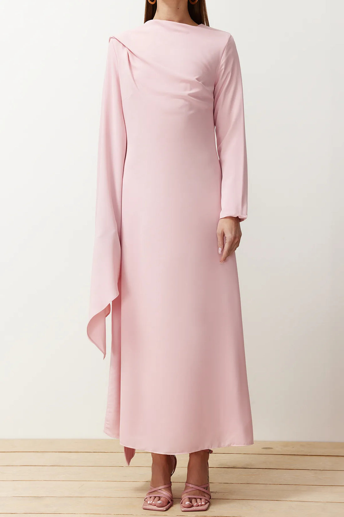 Powder Pink Shawl-Detail Evening Dress - sonafey