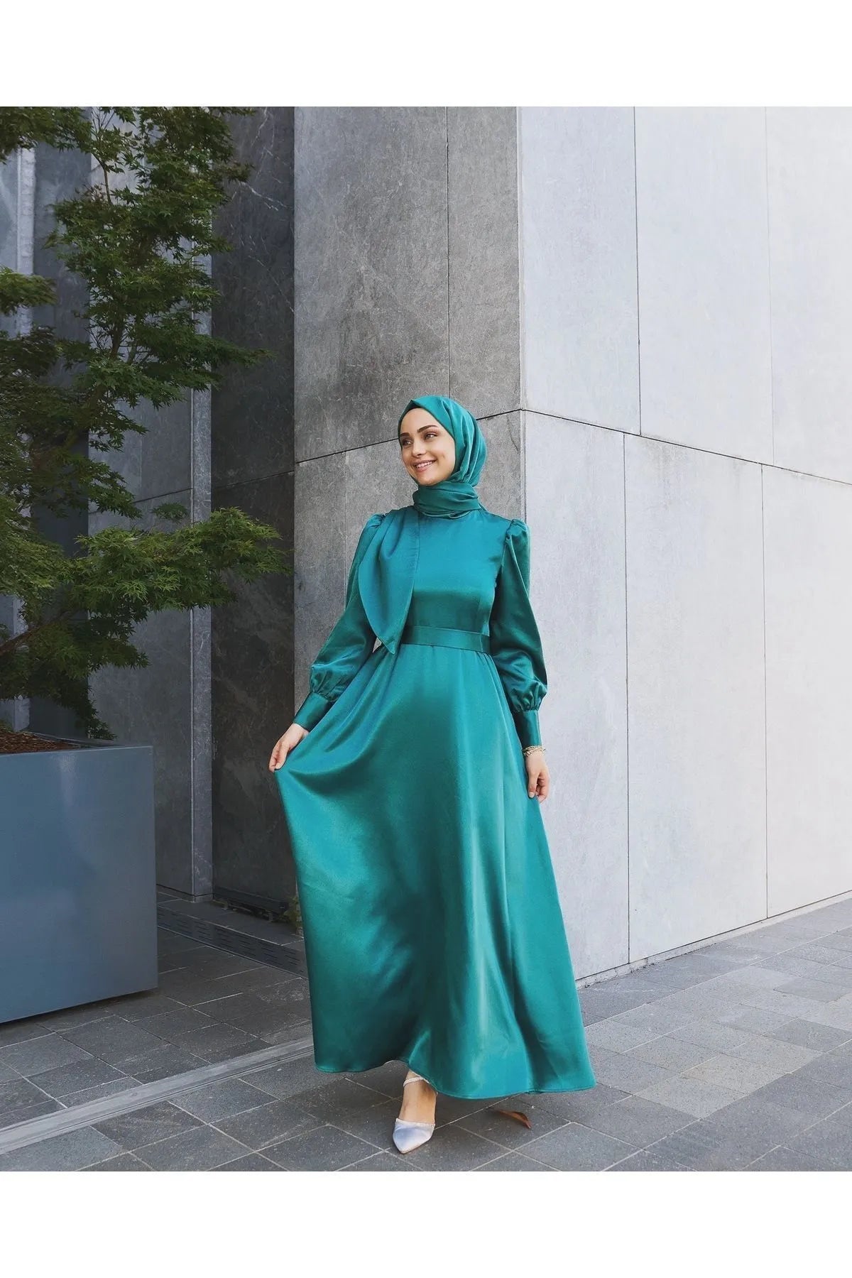 Ocean Green Satin Modest Evening Dress with Cross-Tie Detail