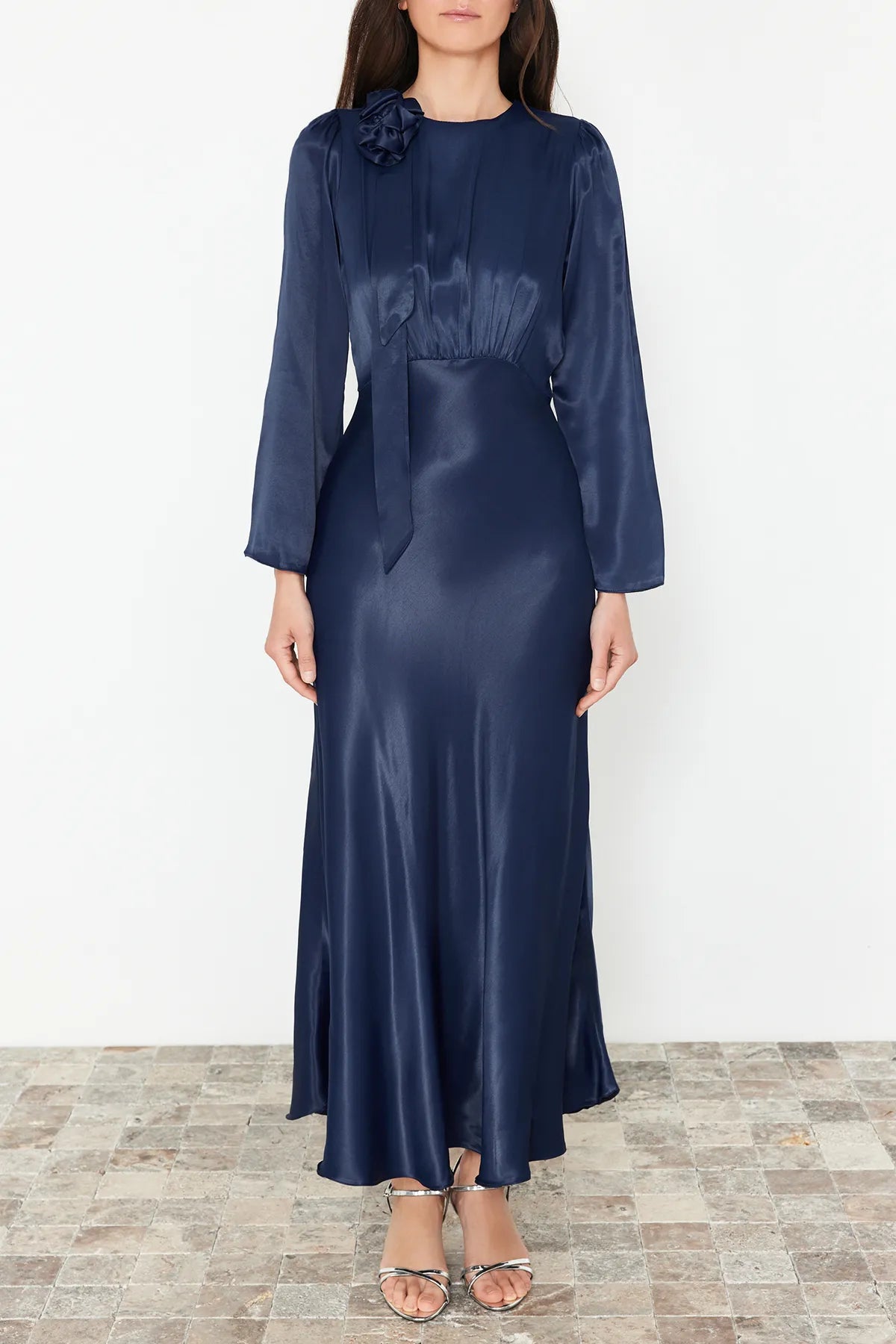 Dark Royal Blue Rose-Detail Satin Evening Dress