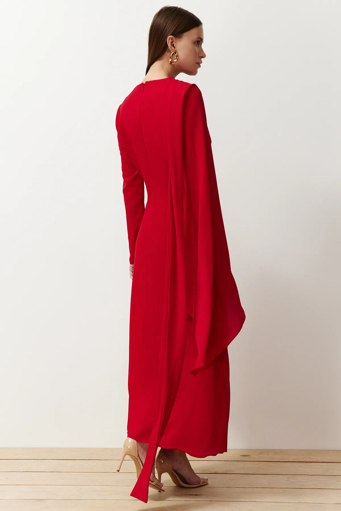 Cherry Red Shawl-Detail Evening Dress - sonafey
