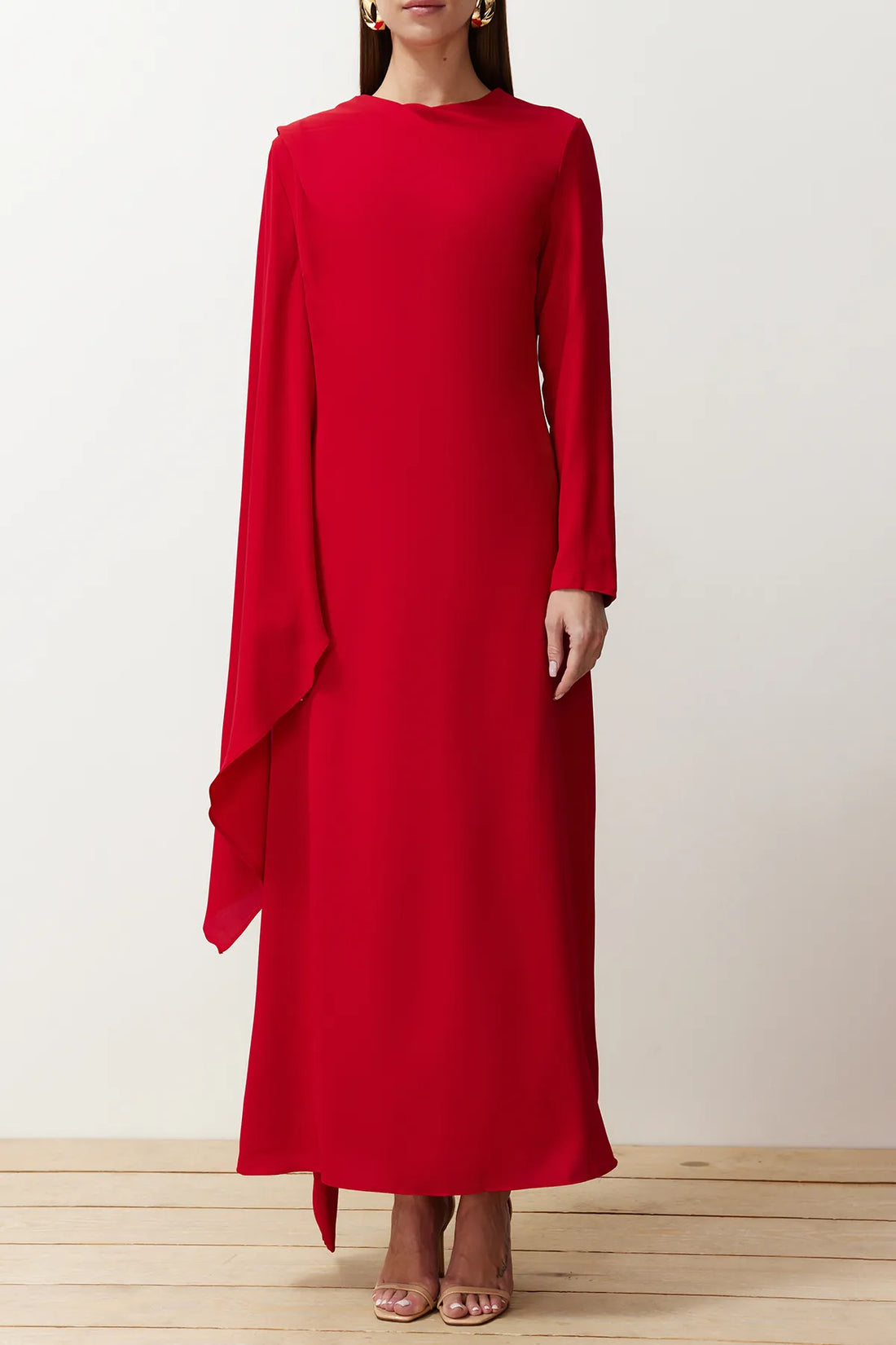 Cherry Red Shawl-Detail Evening Dress - sonafey