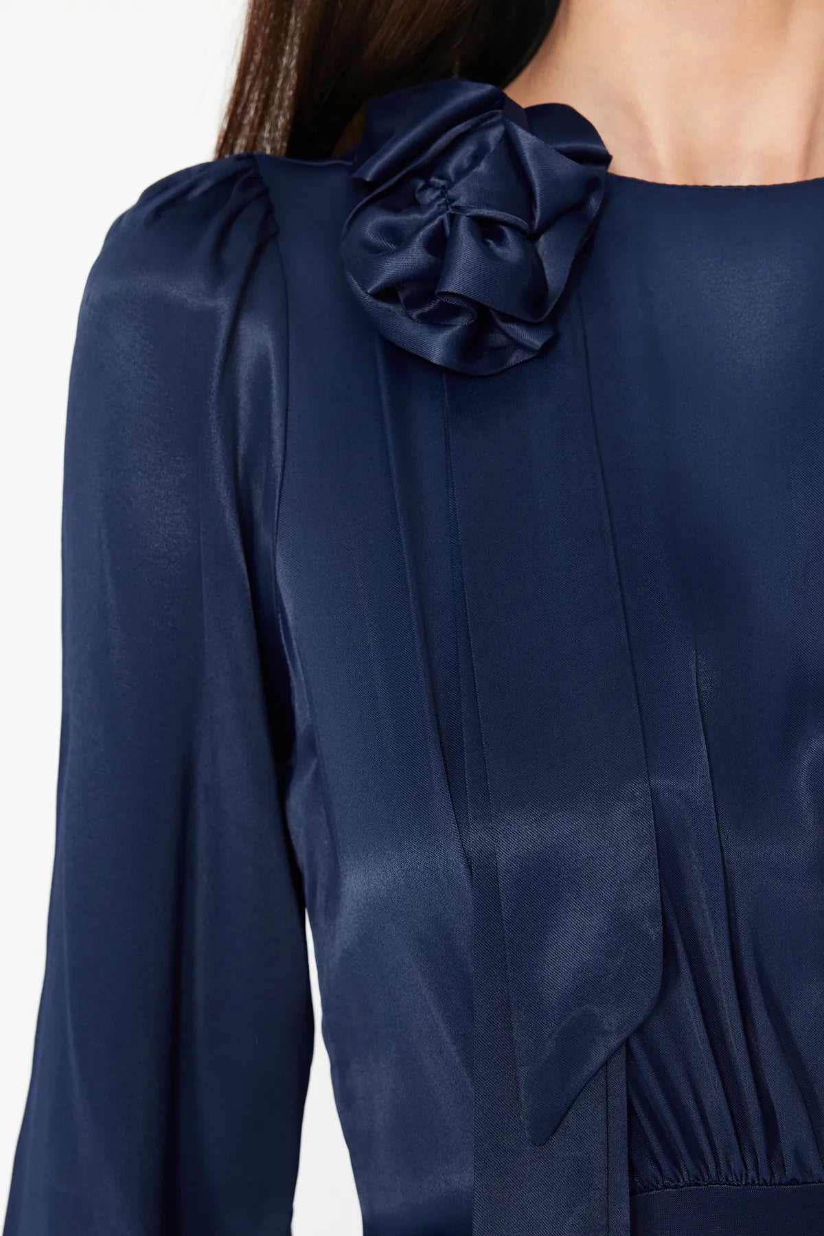 Dark Royal Blue Rose-Detail Satin Evening Dress