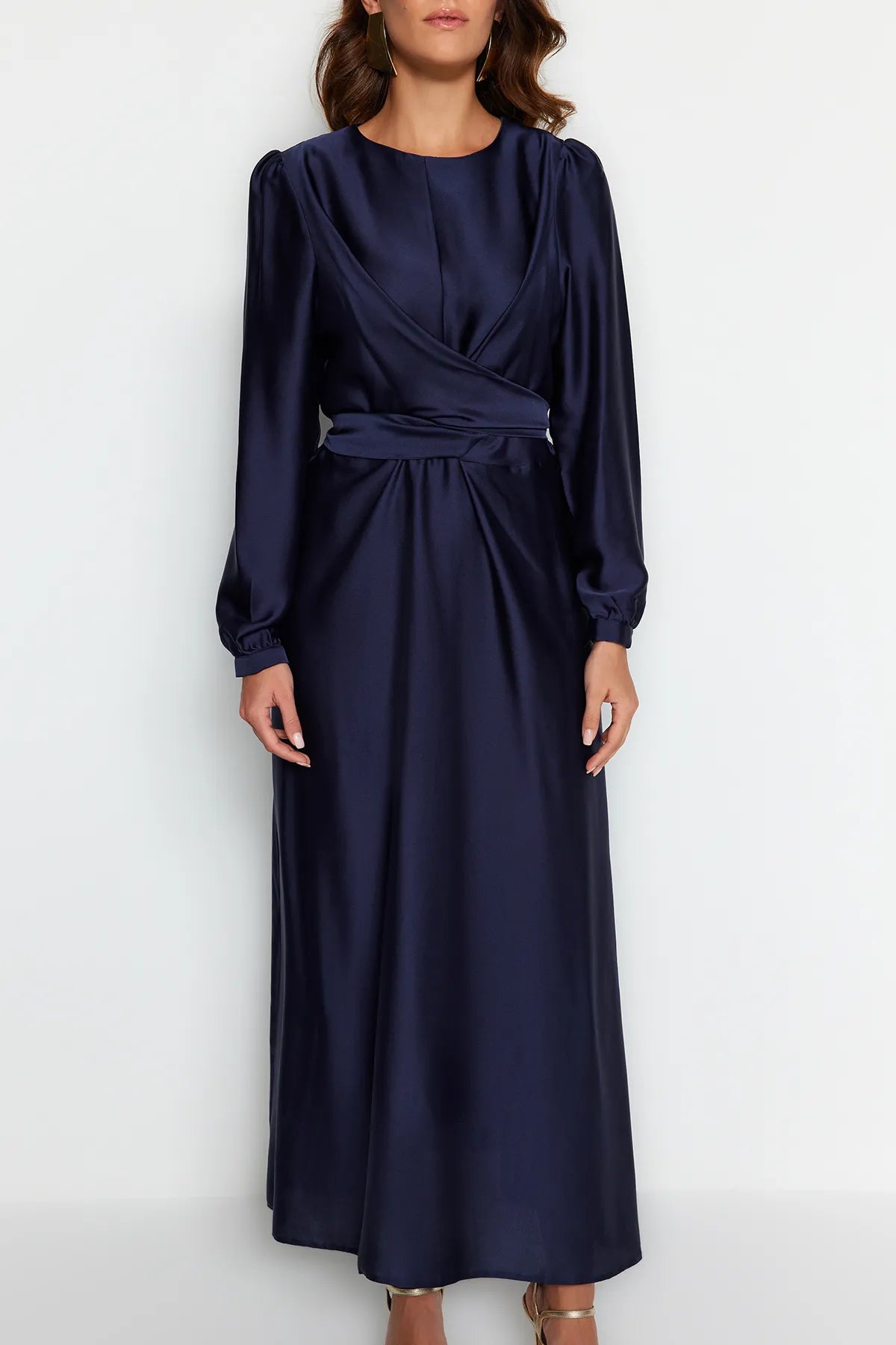 Cross Wrap Detail Navy Satin Evening Dress