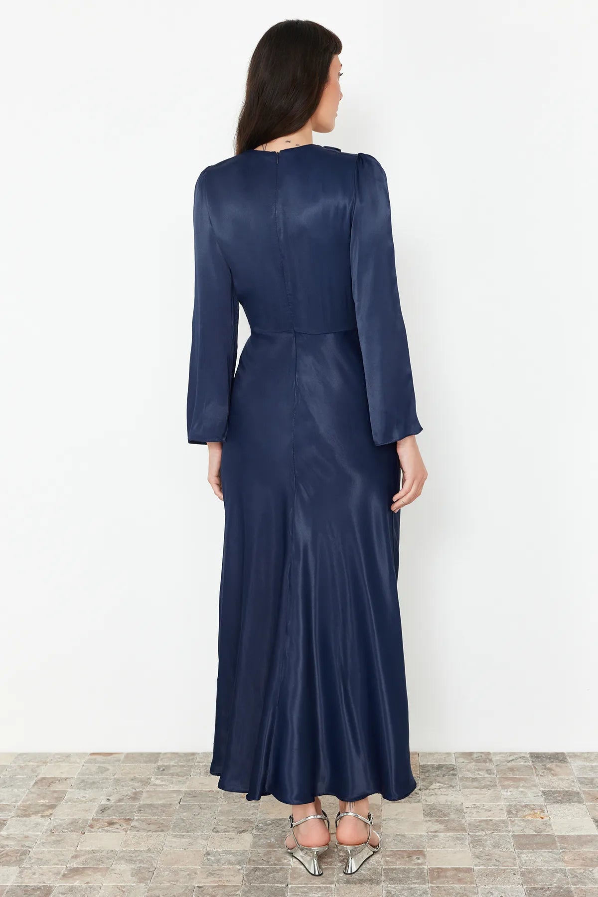 Dark Royal Blue Rose-Detail Satin Evening Dress