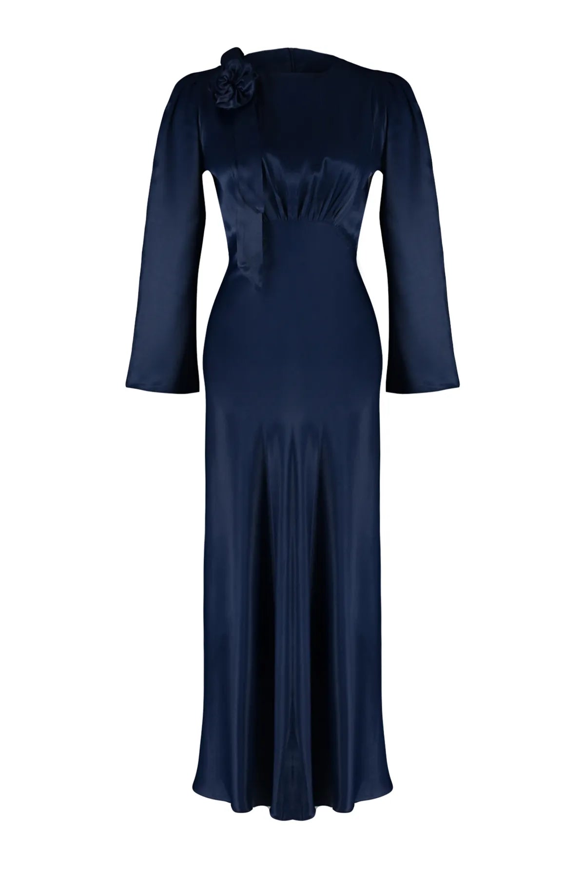 Dark Royal Blue Rose-Detail Satin Evening Dress