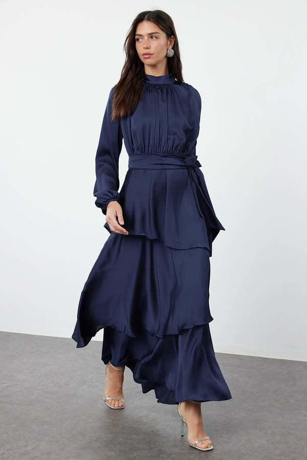 Navy Blue Layered Satin Evening Dress - sonafey