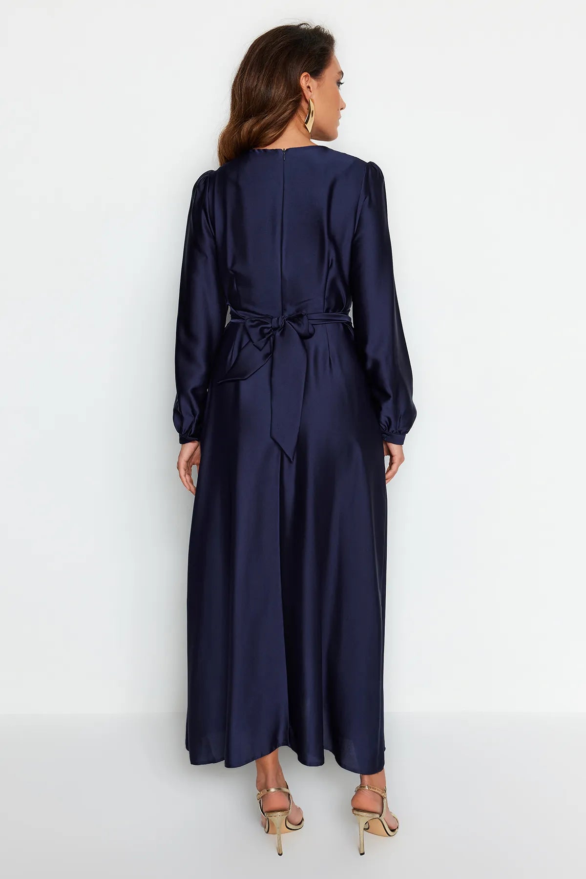 Cross Wrap Detail Navy Satin Evening Dress