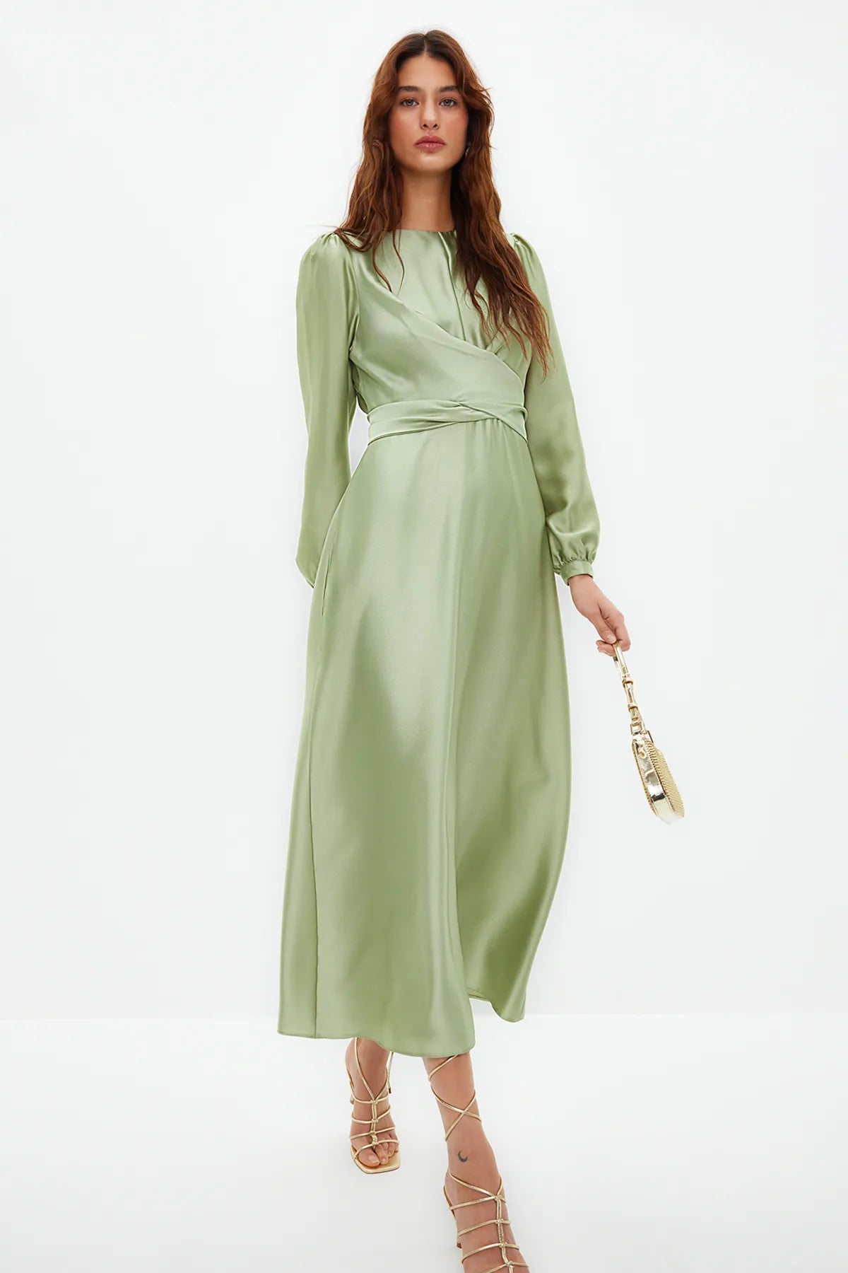 Cross Wrap Detail Light Lime Satin Evening Dress