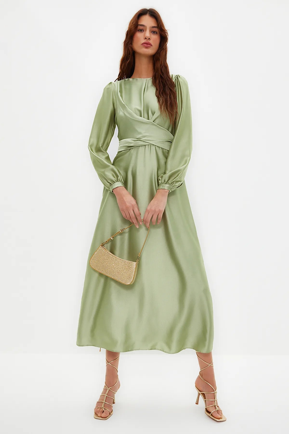 Cross Wrap Detail Light Lime Satin Evening Dress