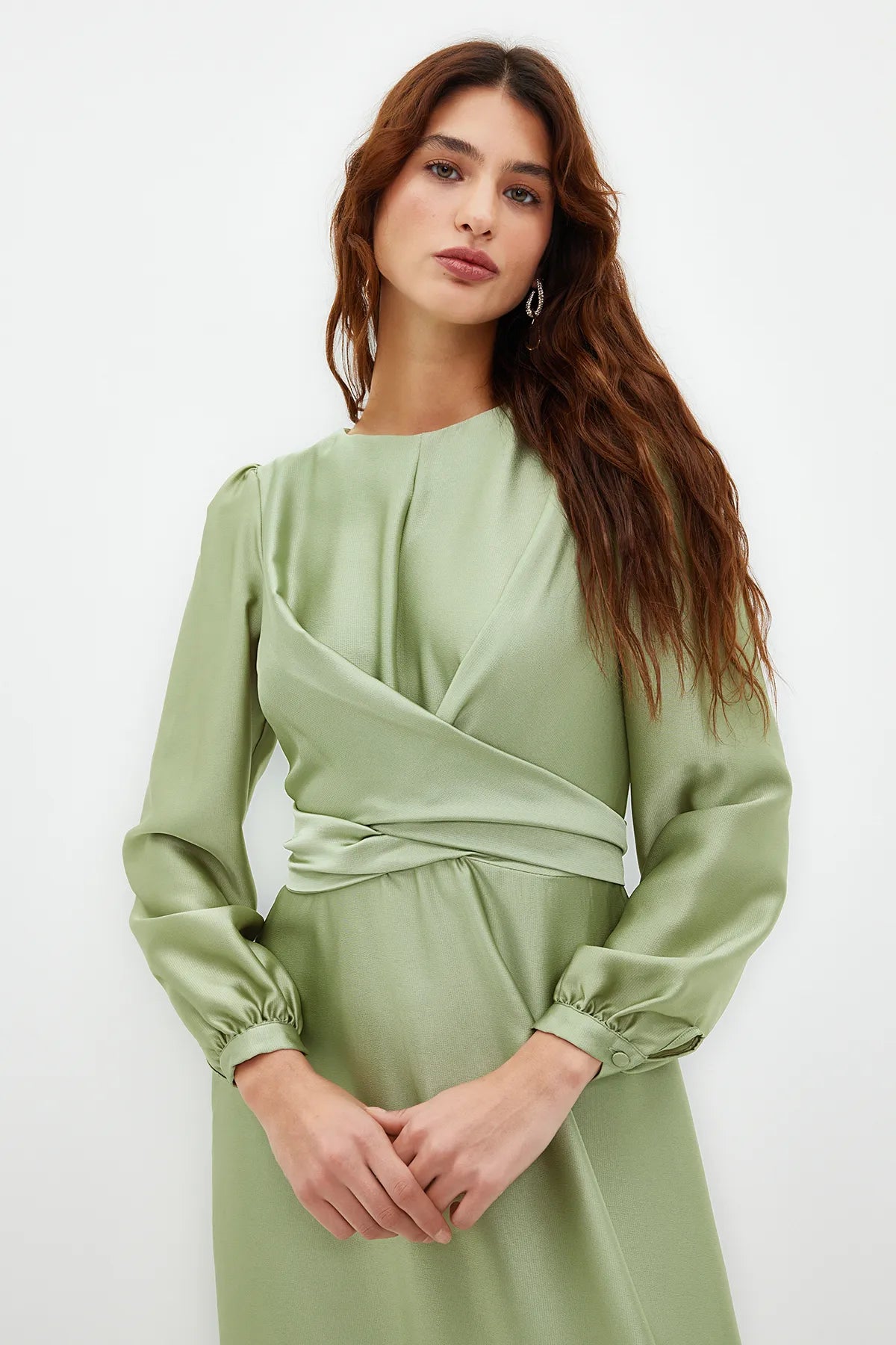 Cross Wrap Detail Light Lime Satin Evening Dress