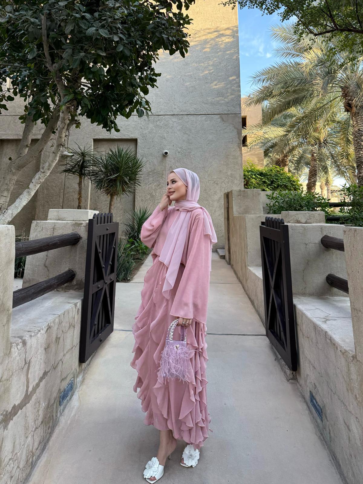 Poudre Pink Ruffle-Detail Chiffon Blouse and Skirt Set