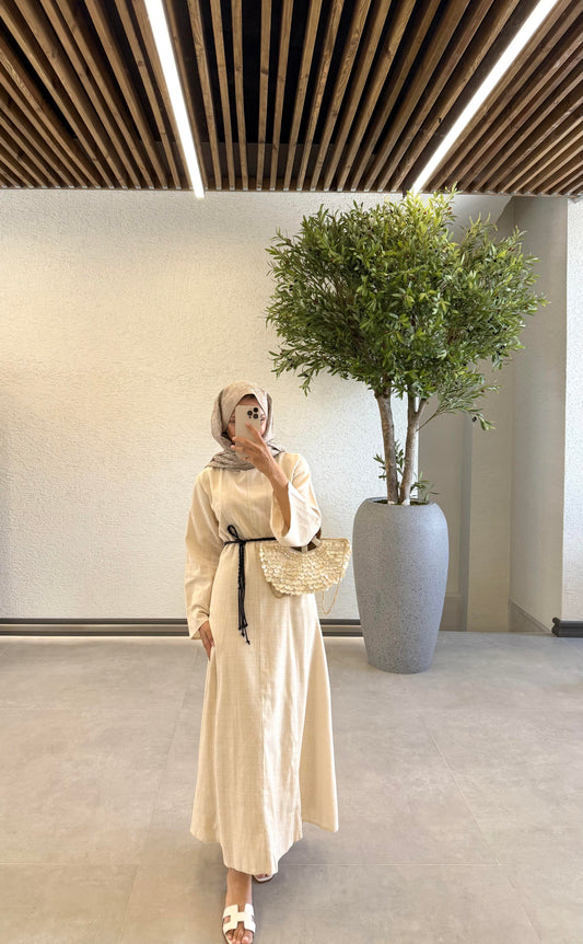 %100 Linen Belted Dress- Beige