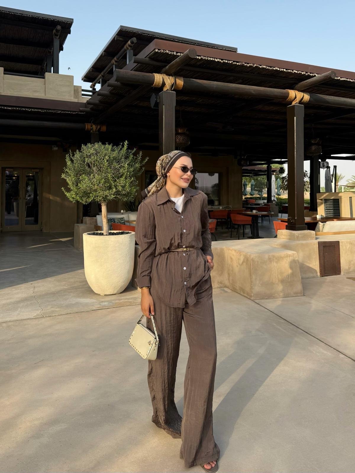 Crushed Shirt and Pant Matching Sets in Brown
