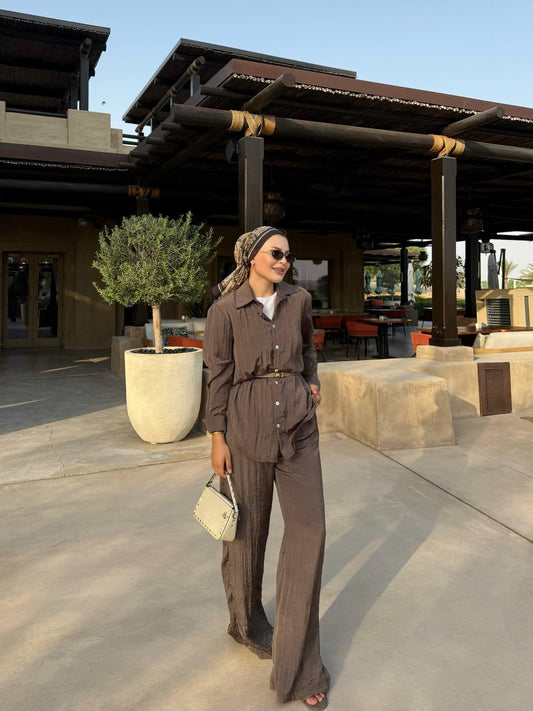 Crushed Shirt and Pant Matching Sets in Brown