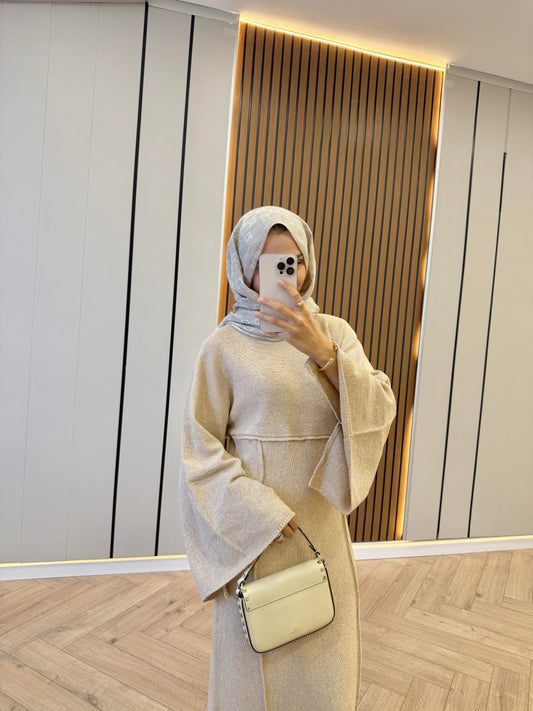 Striped-Detail Knit Dress – Beige