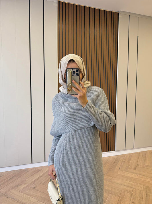 Cape-Detail Knit Dress – Gray