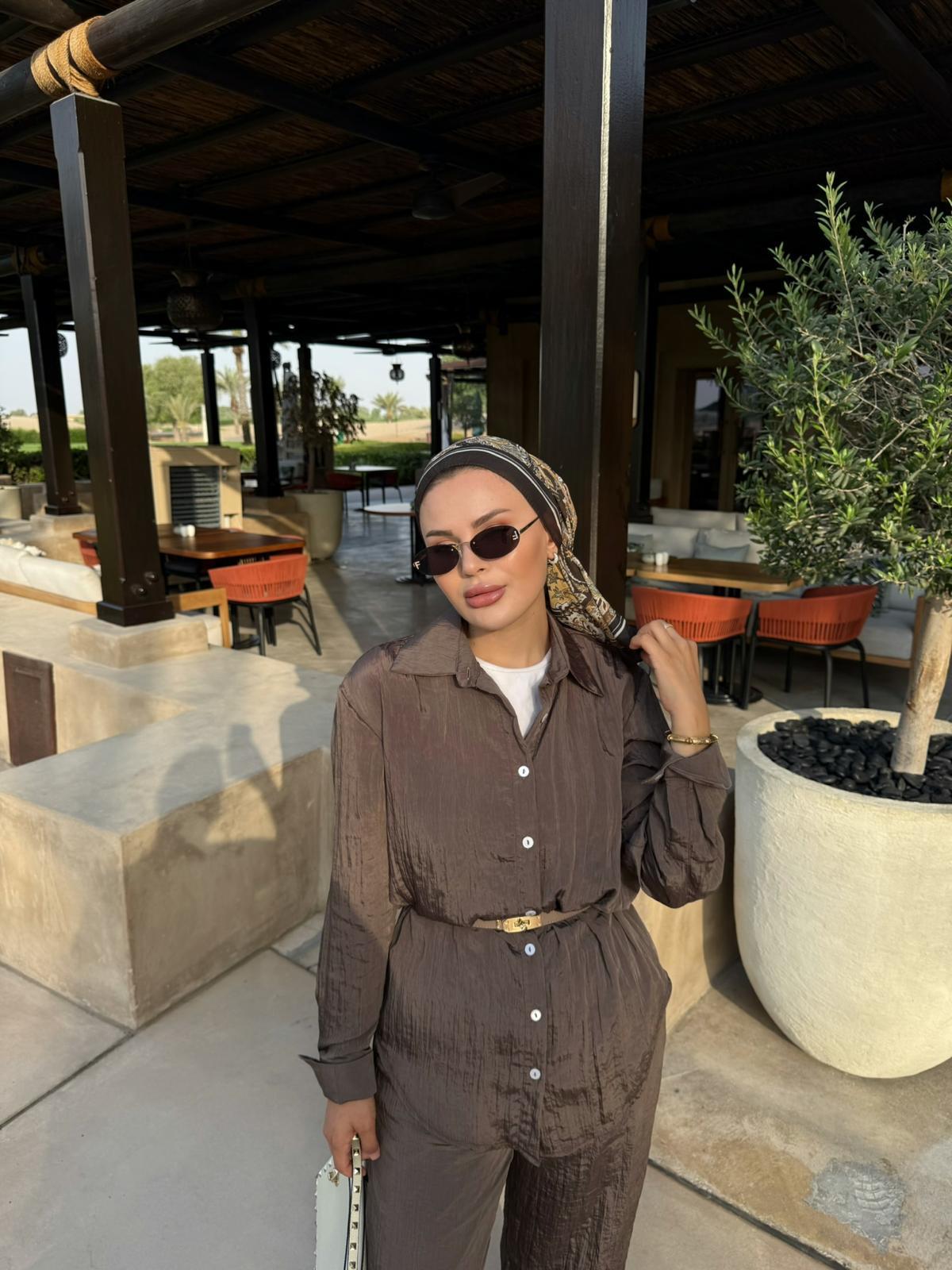Crushed Shirt and Pant Matching Sets in Brown