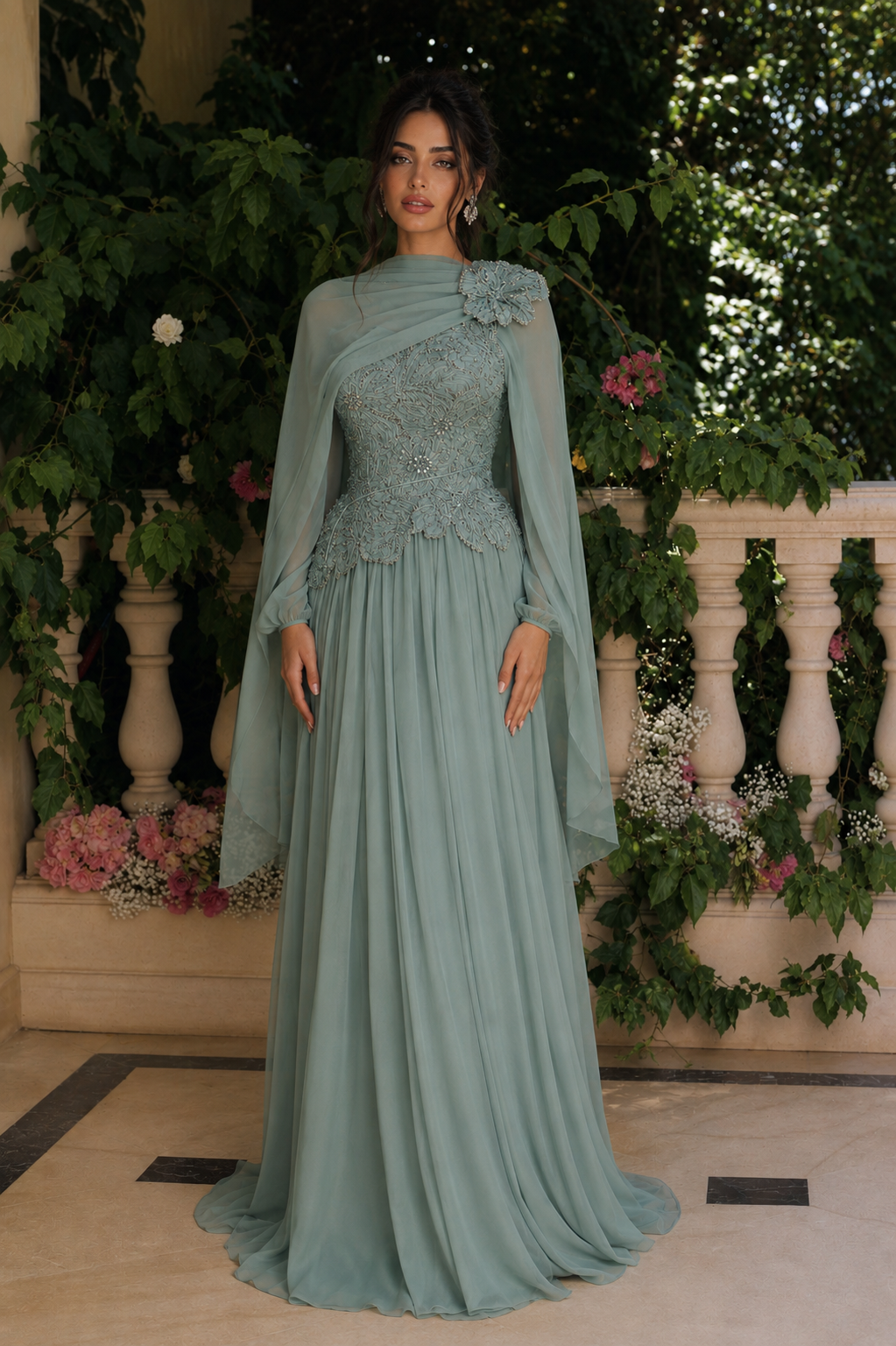 Maya Sage 3D Floral Evening Dress –Formal Gown