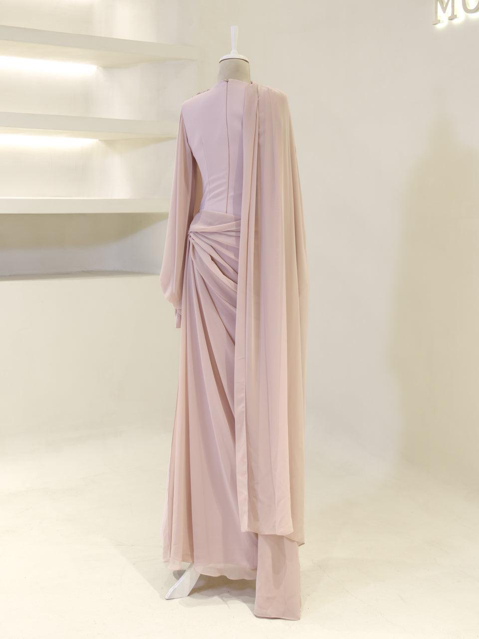 Tulip Modest Evening Dress - Embroidered Shawl Crepe Gown - Poudra