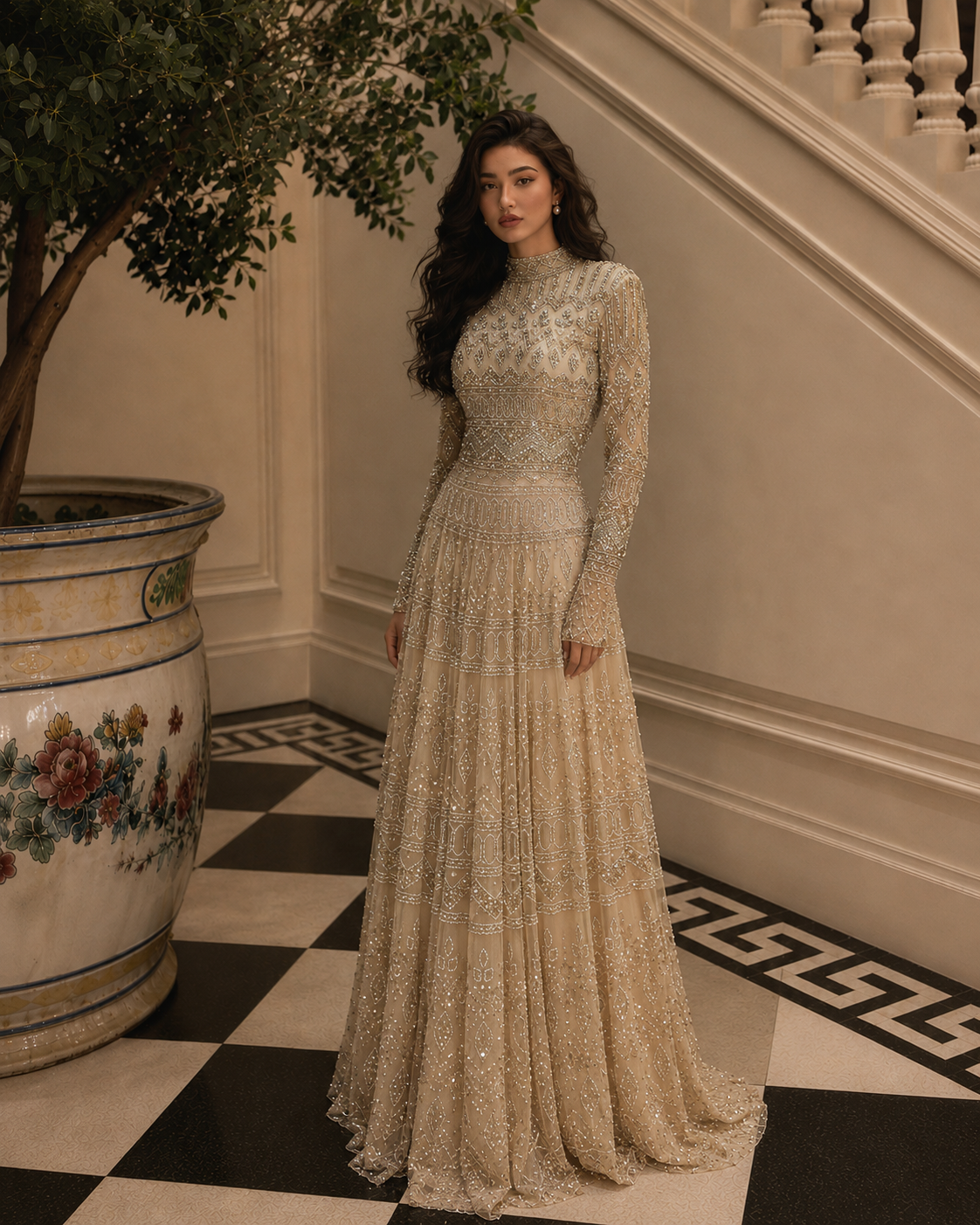 Couture Rania Full Embroidered Modest Evening Dress - Gold